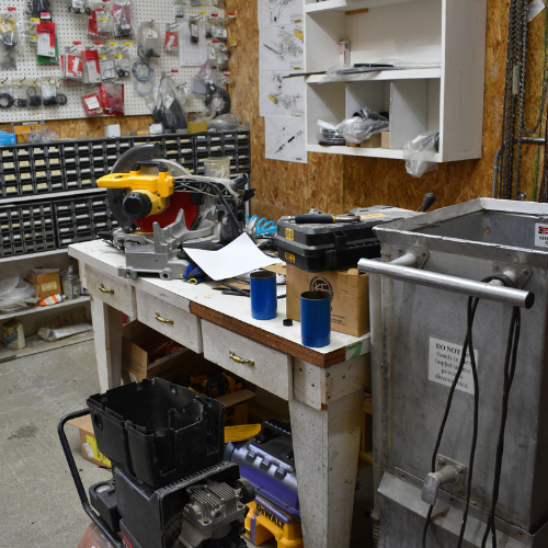 A workbench inside of a shop.